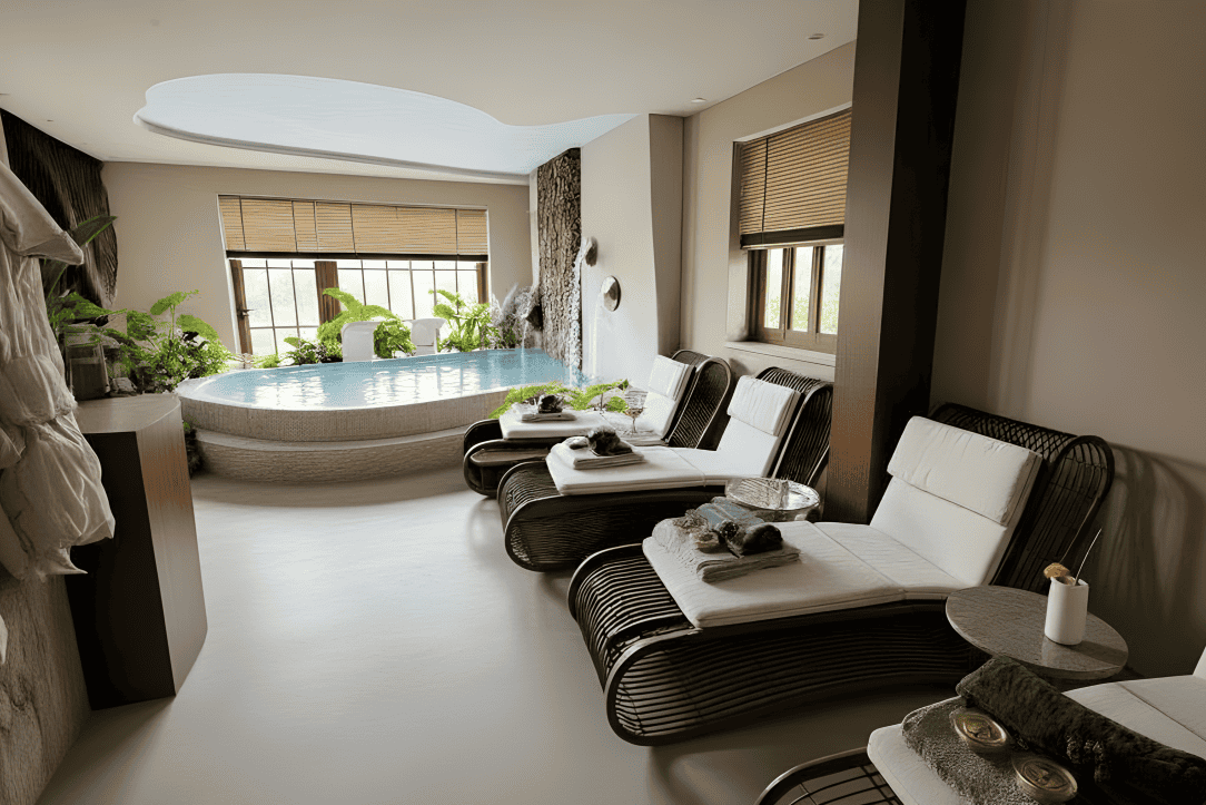 Qwell SPA - medence tér rattan pihenőszékekkel, mikrocement padólóval