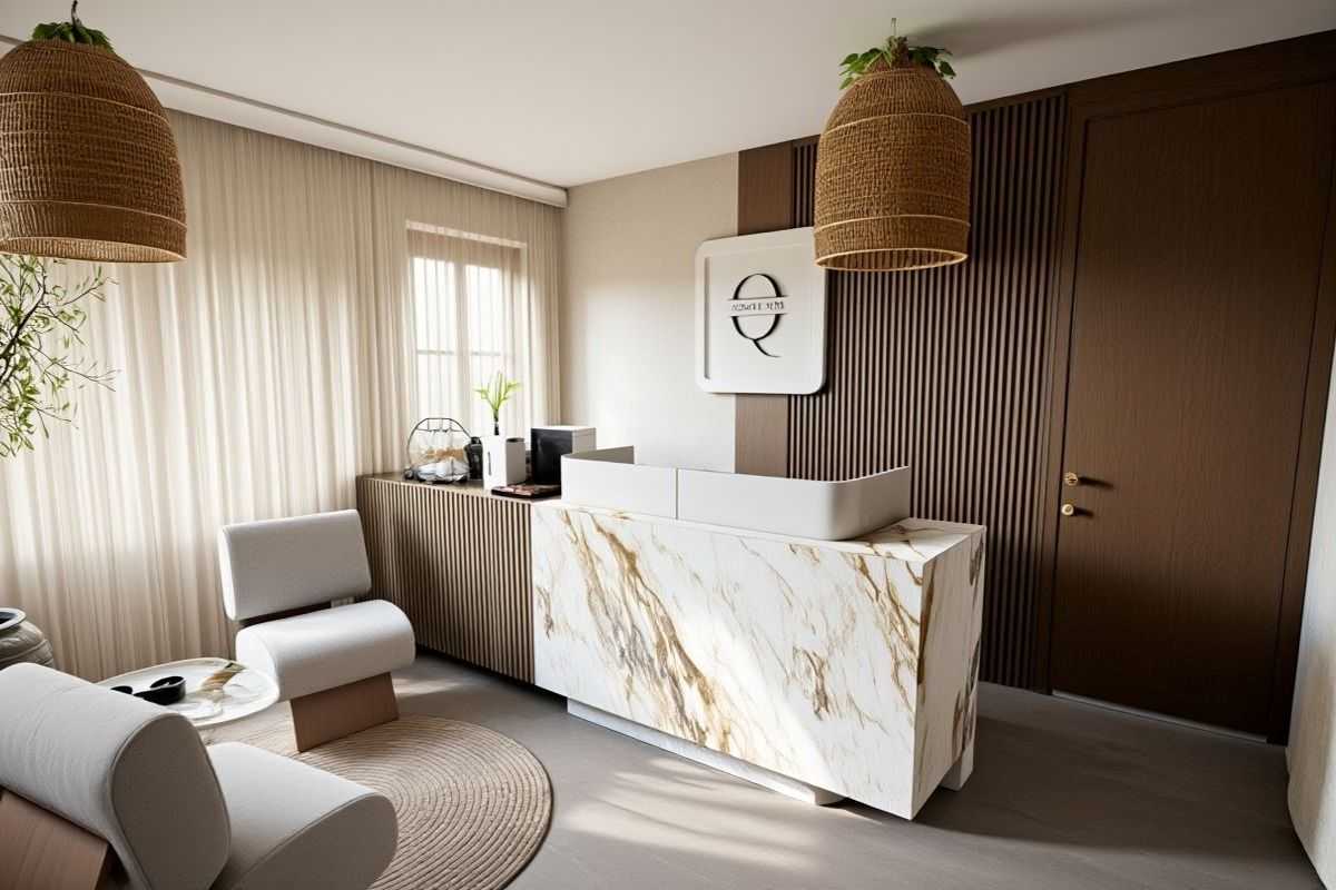 Japandi stílusú recepció márvány pulttal, fa lemellákkal, rattan lámpával és a Qwell SPA logóval barna és fehér színekben