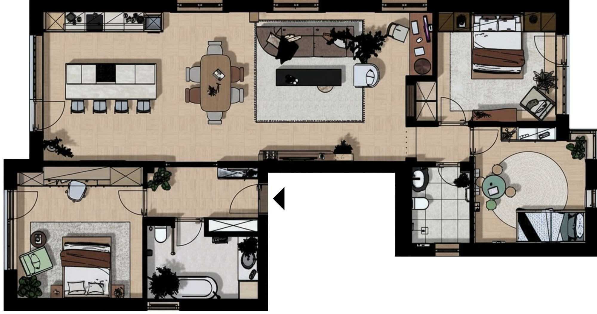 100m2-es lakás felülnézeti alaprajza
